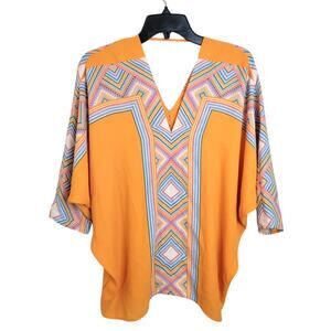 Rose + Olive Orange Argyle Southwestern V-Neck 3/4 Sleeve Top Women's Size Small